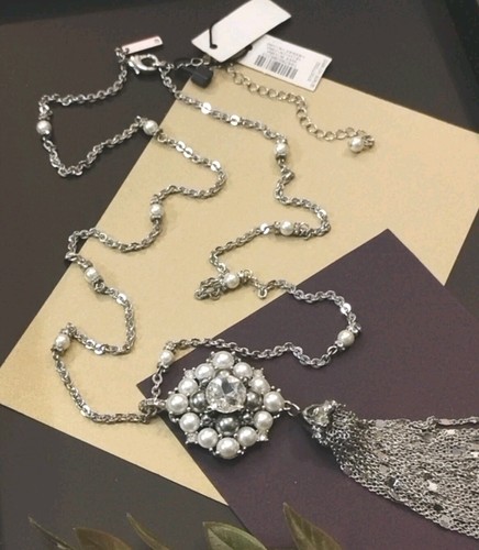 New! WHBM White House Black Market Faux Pearl Rhinestone Tassel 30"+ Necklace! - Picture 9 of 9