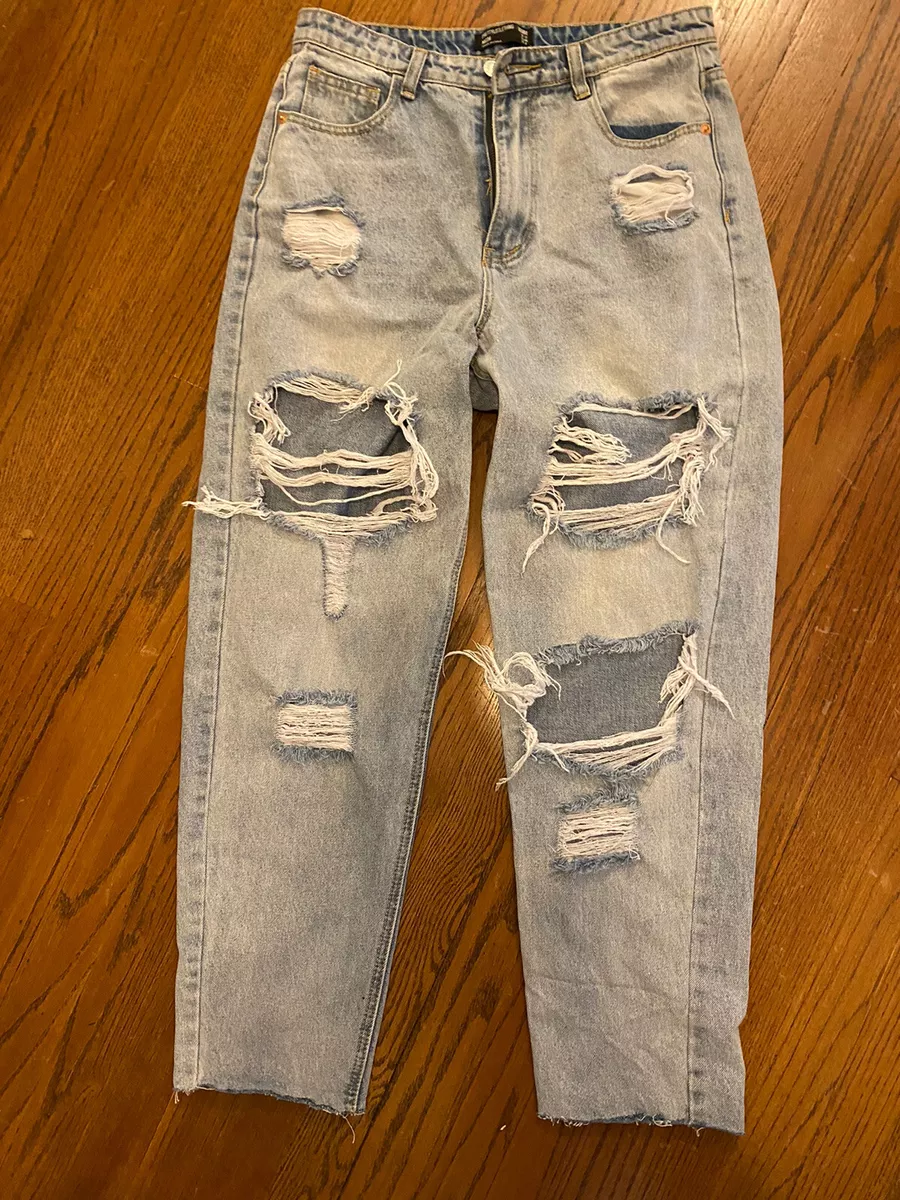 Pretty Little Thing Jeans Ladies Blue Mom Denim Ripped High Rise