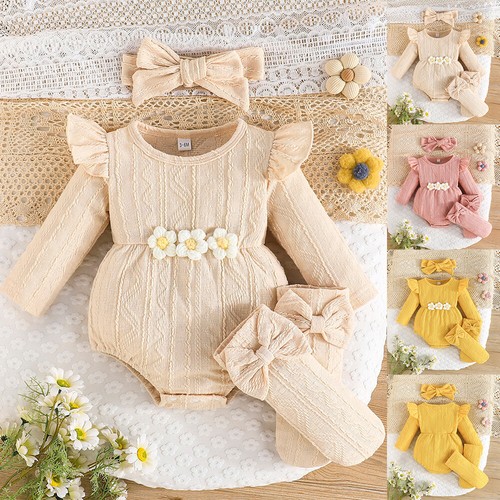 3PCS Infant Baby Girl Floral Ruffle Frill Romper Dress Headband Socks Outfit Set - Picture 2 of 27