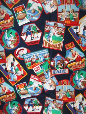 CRANSTON SPORTS PATCHES ON BLUECOTTON  FABIC BASKETBALL HOCKEY BASEBALL  33''X44''