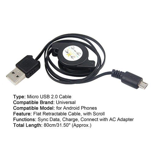 Retractable Micro USB A to USB 2.0 B Male Cable Sync Data Charger for Android 84 - Afbeelding 5 van 10