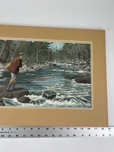 A.B. Frost Fly Fishing "Upstream" Print Colored Matted Man Fisherman Vintage Art - Picture 9 of 9