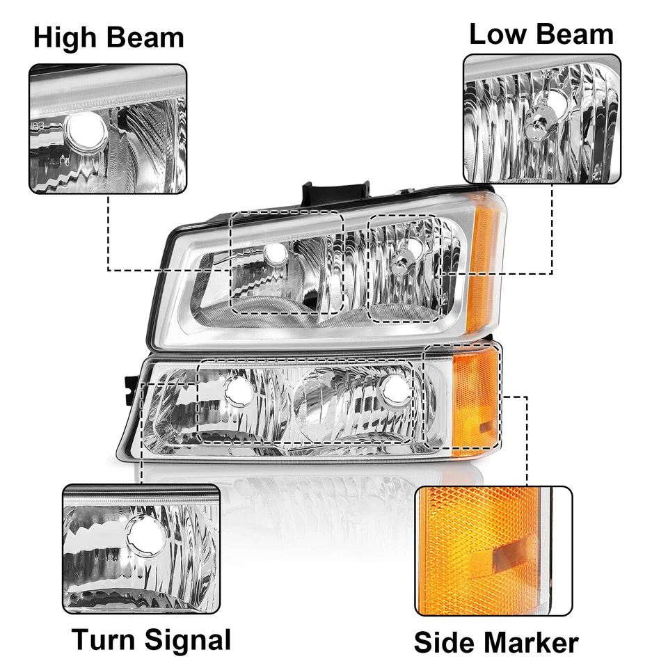 Headlights For 2003-2007 Chevy Silverado Avalanche Chrome+Signal Bumper Lamps Foto 3 de 4