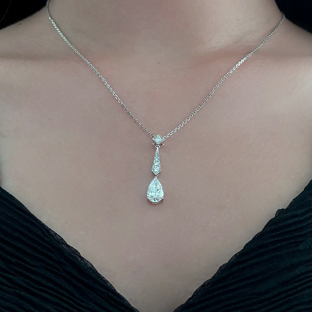 14k Gold Diamond Cut Lab Grown Pear Necklaces in White IGI Pendants 1.15 Ct