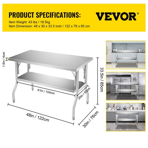 VEVOR Arbeitstisch Küche Gastro Zubereitungstisch 1220x762x850 mm Klappbar Tisch - Bild 7 von 12