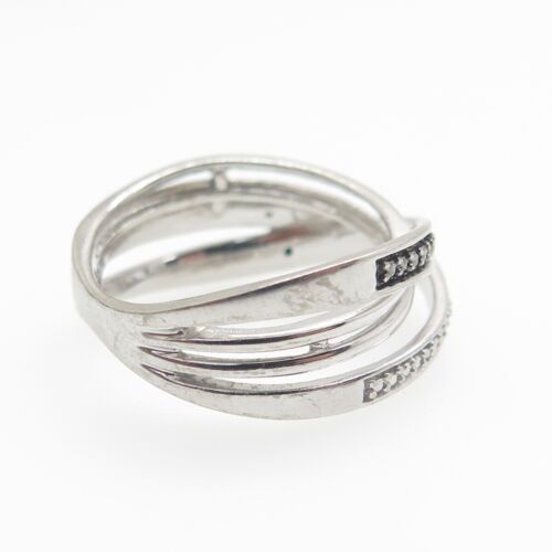 925 Sterling Silver Real Round-Cut Black & White Diamond Crisscross Ring Size 7 - Picture 4 of 8
