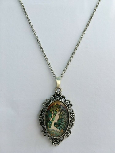 COLGANTE DE CAMEO ART NOUVEAU DAMA VERDE HOJAS ESTILO VICTORIANO PLATA OSCURA P - Imagen 5 de 7