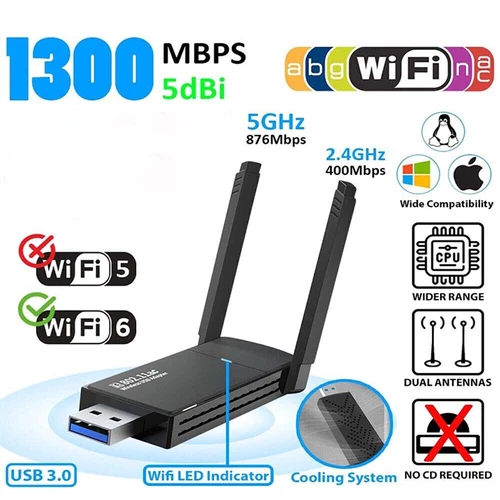 USB 3.0 Wireless WIFI Adapter Long Range Dongle Dual Band 1300Mbps 5Ghz Network