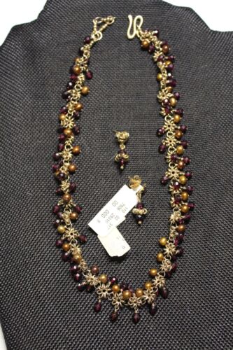 Nieman Marcus Gold Filled Cranberry & Bronze Necklace Pierced Earrings Clusters  - Picture 1 of 9