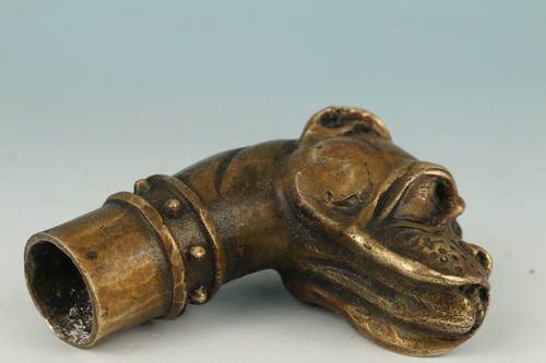 Estatua china hecha a mano de bronce tallado perro colección caña cabeza de caña - Imagen 5 de 6