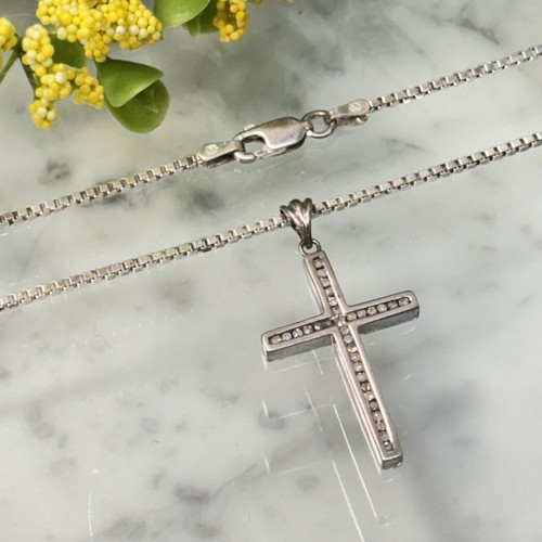 Sterling Silver HN Channel Set Diamond Cross 925 ITALY 2mm Box Chain16” Necklace - Picture 3 of 13
