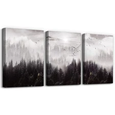 Framed Canvas Art - Boho Wall Decor Set of 3: Foggy Forest Trees Scenery for ...