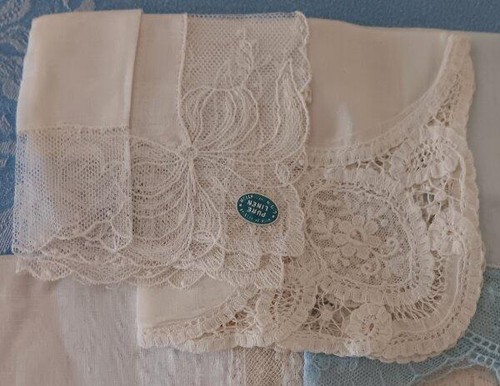 Vintage Lot 7 Net Lace Wedding Hankies Needle Run Bridal White Ivory Hanky Blue - Picture 5 of 15