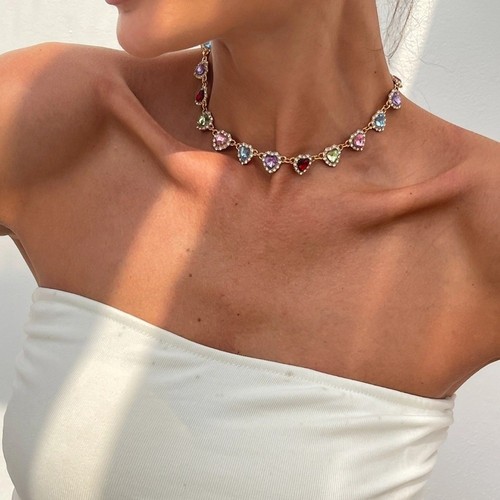 Colorful Rhinestone Chain Necklace Love Rhinestone Love Heart Necklaces Women - Picture 8 of 10