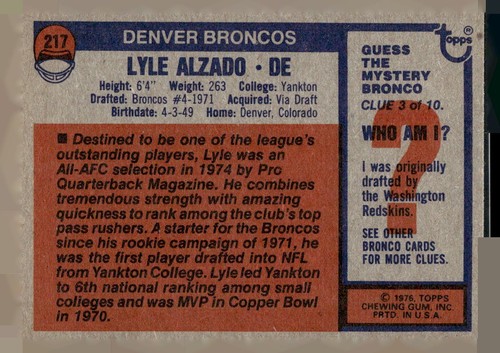 Topps 1976 Topps Lyle Alzado Denver Broncos - Picture 2 of 2