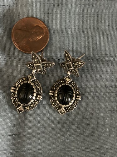 Vintage Sterling Silber Markasiten Schwarz Onyx Skarabäus Ohrringe Thailand 8,3 Gramm - Bild 6 von 8