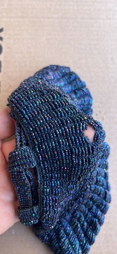 Vintage 40er Abendtasche nachtblau Karneval Glasperlen gehäkelt auf schwarz satiniert - Bild 7 von 8