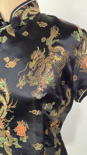 Vintage asiatisches Cheongsam Geisha schwarz Blumen Drache Top Damen M - Bild 3 von 6