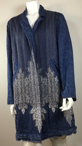 Chico's Denim bestickt Handwerker Naht Longline Baumwolle Jacke Größe Large/2