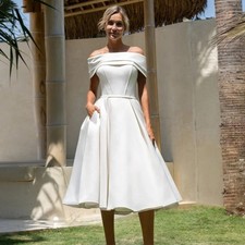 Detachable Off Shoulder Wedding Dresses Sweetheart Back Tea Length Bride Gowns