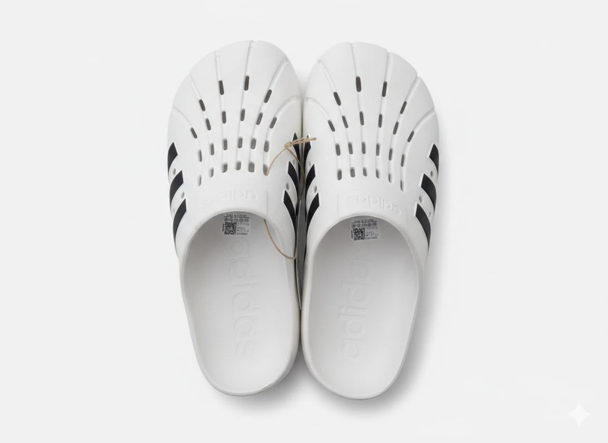 Adidas Mens Adilette Clog White Black Stripe Slip On Lightweight Casual Shoe