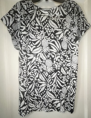 LOFT Small Black White Pineapple Ruched Yoke Mixed Short Sleeve Women’s Top NWT - Picture 8 of 12