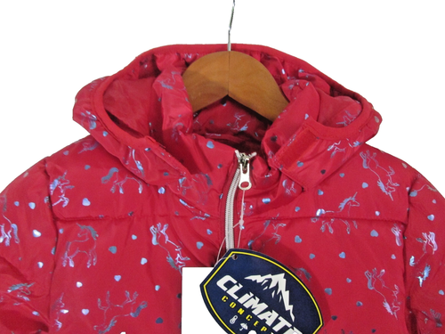 Climate Concepts Red Puffer Jacket Hood Zipper Pocket Metallic Unicorns 6/6X NWT - Picture 4 of 16