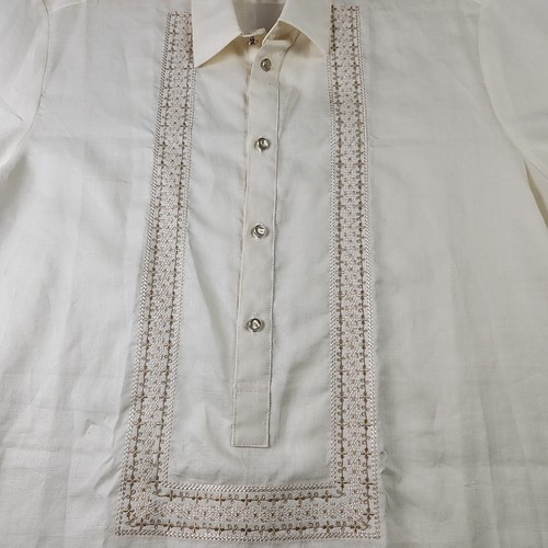 Barong Filipino EN Shirt Mens XLarge Short Sleeve Cream Embroidered Button - Picture 3 of 8