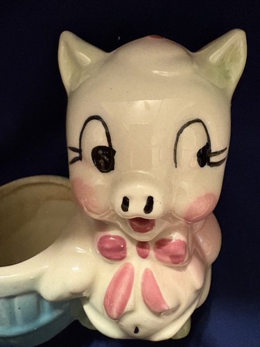 Vintage Shawnee Porcelain Pottery Pig with Basket Planter - Picture 2 of 9
