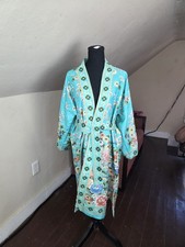 VTG Hayashi Kimono Robe 100 Silk Made in Japan Aqua Floral Belted Loungewear