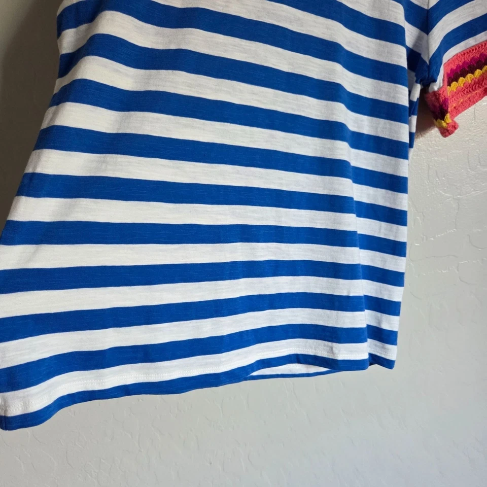 Camiseta Boden colorida de crochê gola redonda listra de algodão azul/branco tamanho M feminina - Imagem 4 de 4