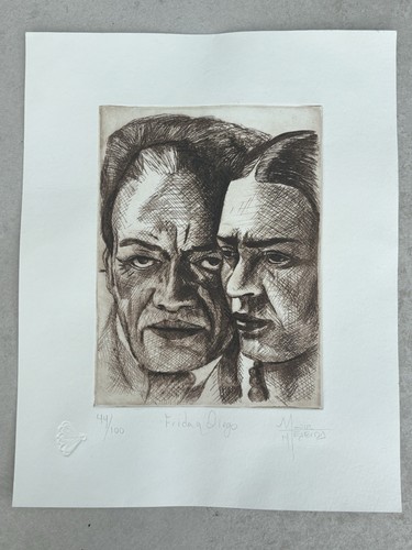 study of Frida Kahlo & Diego Rivera Limited Ed ETCHING 44/100 Illegibly Signed - Picture 2 of 3