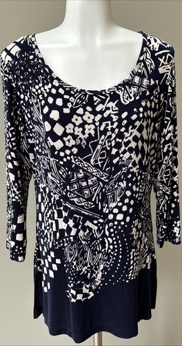 Chico's Travelers Navy Slinky Knit Mixed Floral Art Tunic Side Slits Size 1 “M”