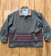 Pendleton VTG 80s Gray Wool Red Striped Men's XL Western Jacket w/Leather Collar