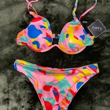 Zaful Size US 4 Bikini Swimsuit Colorful Abstract Print Ribbed NWT
