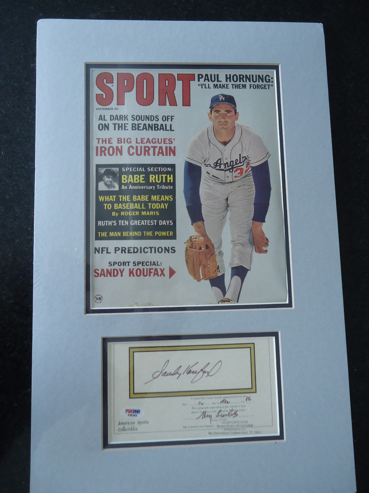 Sandy Koufax Autographed Signed Brooklyn Dodgers / Los Angeles Dodgers Matted Auto Cut w/ 1963 Baseball Magazine PSA/DNA COA 