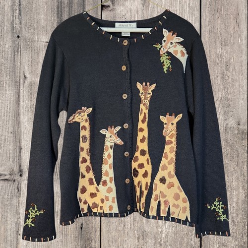 Vintage ARRIVISTE Safari Giraffe Cardigan Sweater Beads & Sequins Size Large
