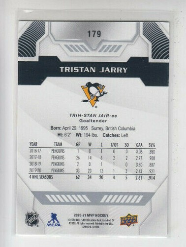 20/21 UD MVP Pittsburgh Penguins Tristan Jarry Silver Script card #179 - Picture 2 of 2