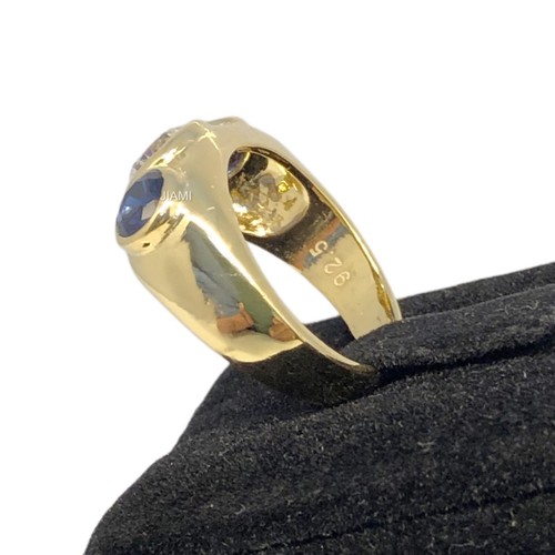14K Gold 3-Stone Moissanite Ring Simulated Sapphire Bezel Set GRA Certified Gift - Picture 8 of 10