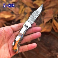 Handmade Damascus Folding Blade Pocket Knife-Lock Back-Clip Holder-blue Wood