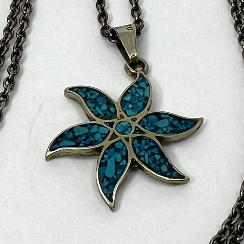 Sterling Silver Starfish Pendant Blue inlay Opal Necklace 24" - Picture 4 of 10