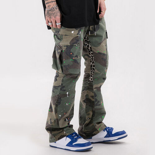 Mens Cargo Camo Pants Flare Bell Bottom Trousers Pockets Leopard Splice Fashion - Picture 1 of 11