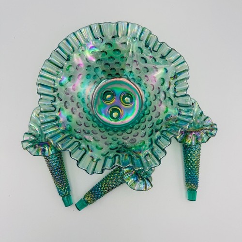 Vintage Fenton Teal Blue Epergne  Iridescent Hobnail 3 Horn Rare Color - Picture 11 of 18