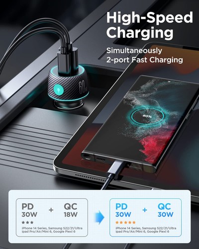 60W USB C Car Charger Fast Charging Adapter PD30W&QC30W for iPhone, Samsung - Picture 6 of 7
