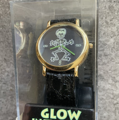 Orologio Scheletro Halloween Unisex 36mm Tono Oro Cinturino Pelle Nero Nuovo con Scatola S2 - Foto 2 di 6