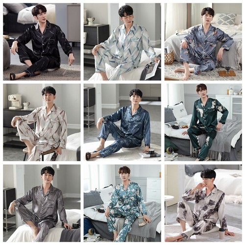 Mens Silk Pajama Set Long Sleeve Top Trousers Satin Sleepwear Autumn Nightwear - Picture 6 of 41