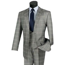 VINCI Men's Gray Sharkskin Glen Plaid 3pc Classic-Fit Suit - NEW