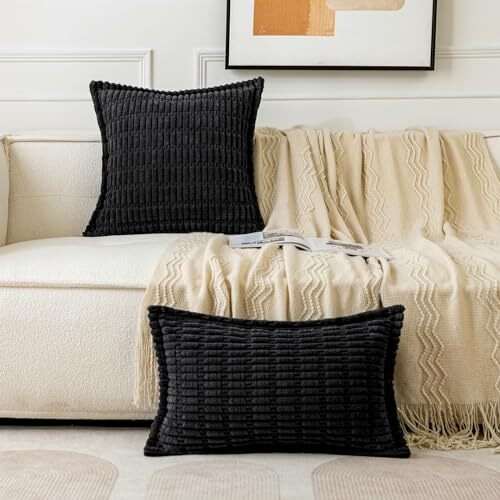 Corduroy Decorative Throw Pillow Covers Pack of 2 18x18 Inch (Pack of 2) Black - Bild 4 von 6