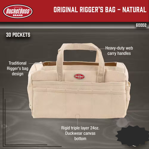 Tool Bag Canvas Heavy Duty 17 Inch Tote with 30 Pockets Waterproof Beige Rigger - Picture 2 of 12