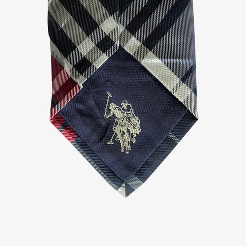 Polo vintage Y2K EE. UU. Assn rojo y azul marino estampado tartán poliéster corbata a rayas retro años 90 - Imagen 3 de 5